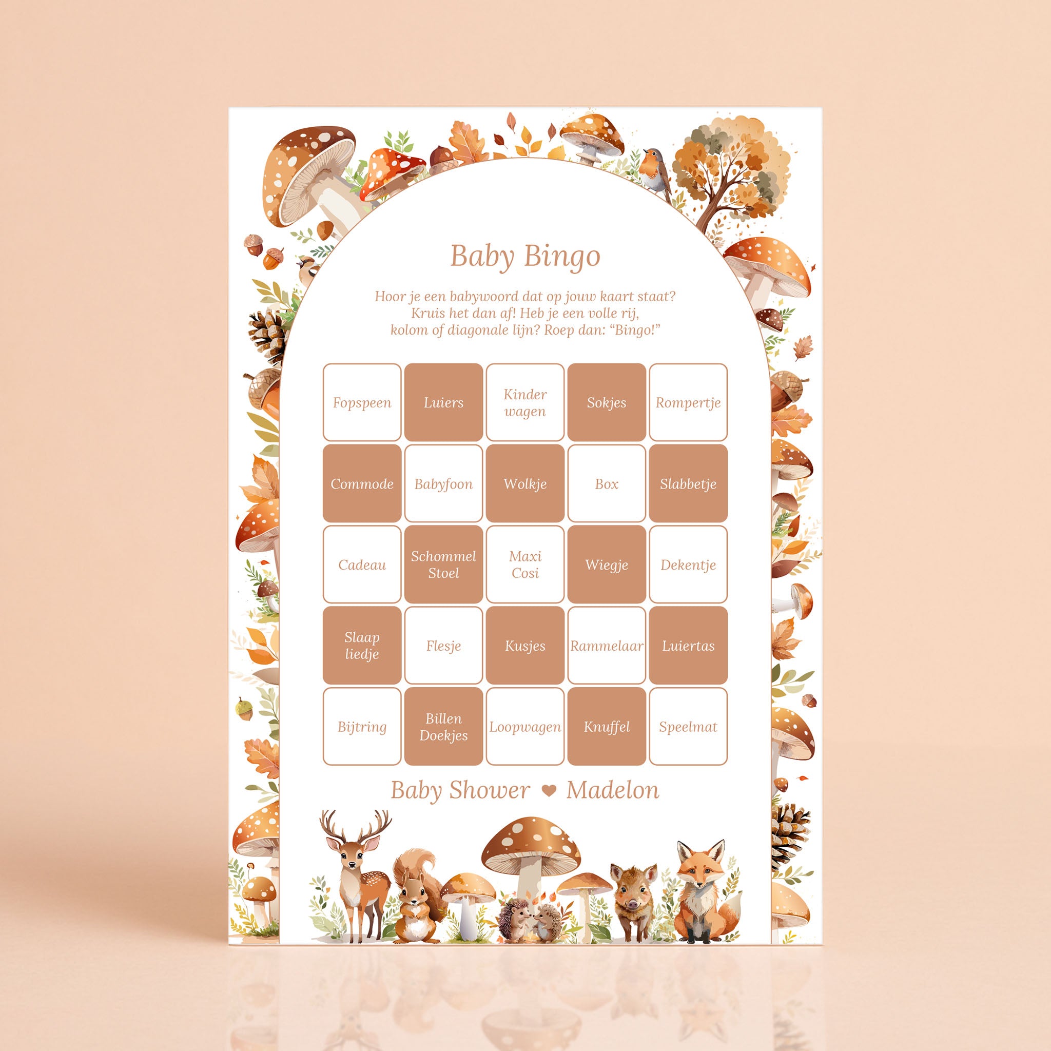 Baby Bingo kaart in Bosdieren stijl met hert, vos en herfstbladeren, gepersonaliseerd met naam – Studio Miron