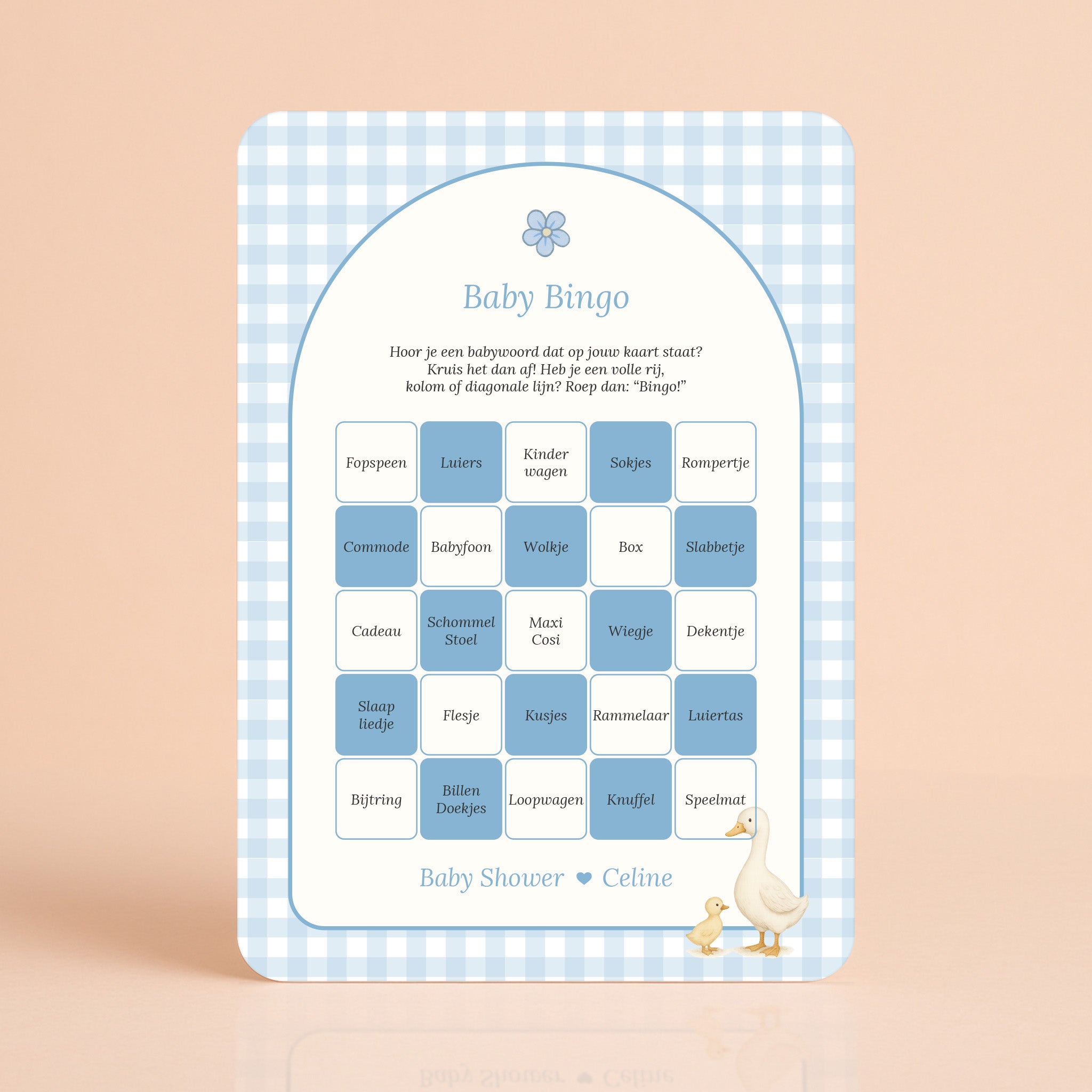 Baby Bingo kaart in gingham blauw met gansje, gepersonaliseerd met naam, Studio Miron