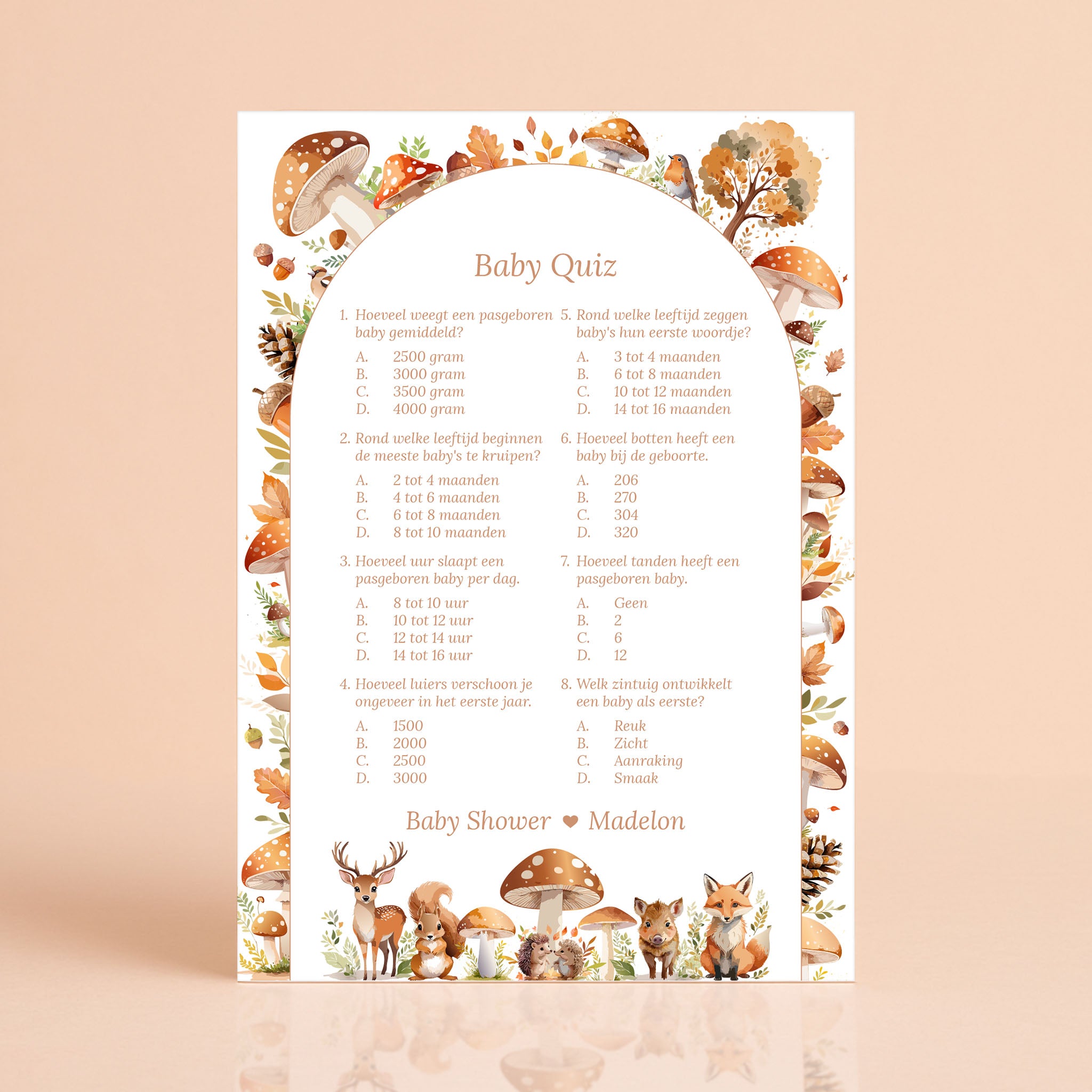 Baby Quiz kaart in Bosdieren stijl met hert, vos en herfstbladeren, gepersonaliseerd met naam – Studio Miron