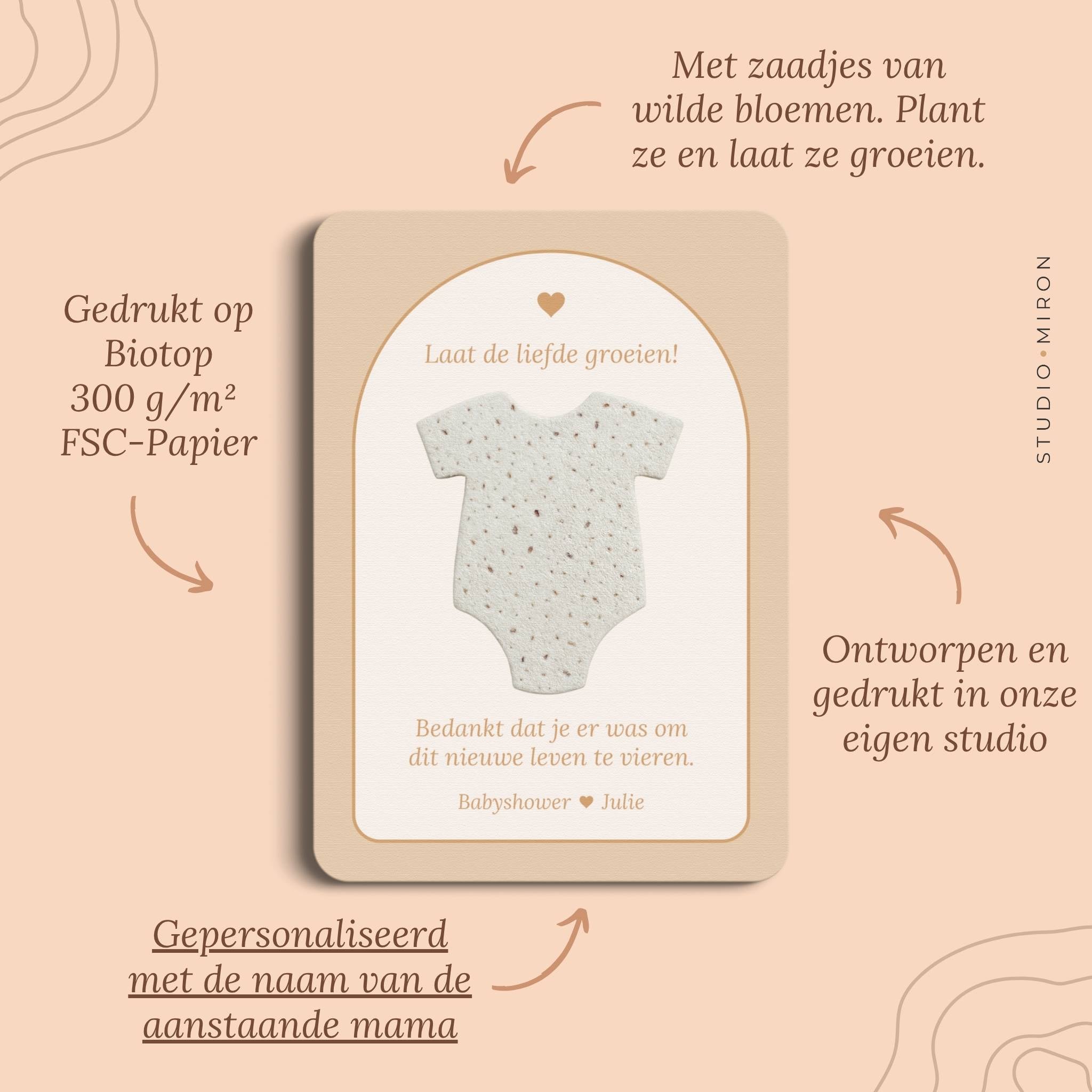 Babyshower cadeau Zaadpapier Rompertje in Boho Zand Beer stijl, pluspunten – Studio Miron