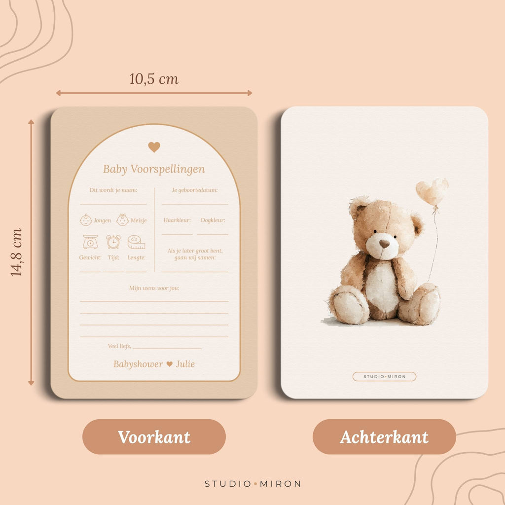 Babyshower invulkaarten Baby Voorspelling in Boho Beige Zand stijl, formaat voorkant en achterkant – Studio Miron