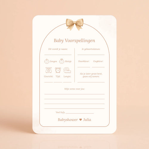 Babyshower invulkaart Baby Voorspellingen in Boho Beige met Beertje stijl, gepersonaliseerd met naam – Studio Miron