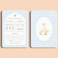 Babyshower invulkaarten baby voorspellingen gingham blauw voor en achter Studio Miron