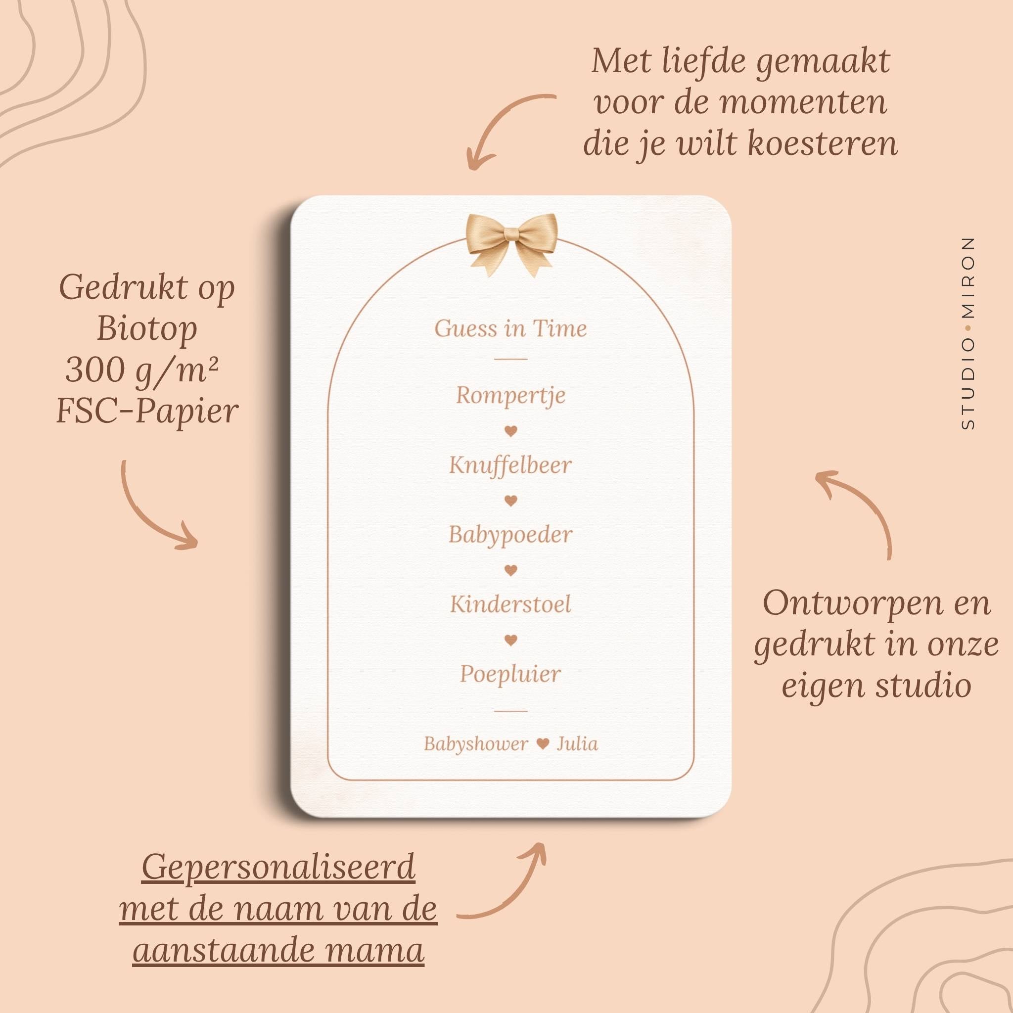 Pluspunten van de babyshower invulkaart Guess in Time in Boho Beige Beer stijl van Studio Miron