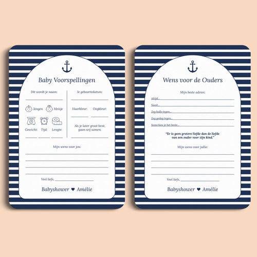 Babyshower invulkaarten Pakket in Navy Blue stijl, inclusief diverse spellen en wensenkaarten, gepersonaliseerd met naam – Studio Miron