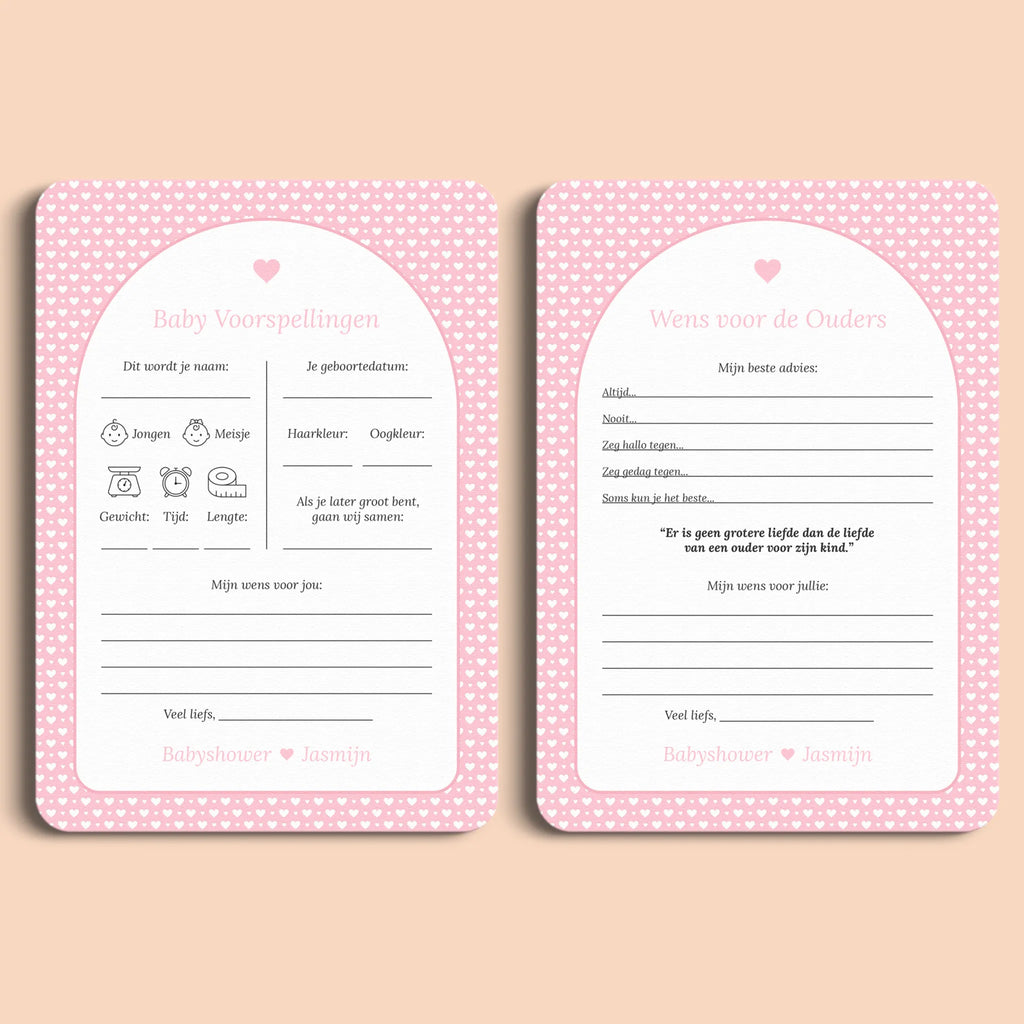 Babyshower set kaarten met witte hartjes op roze achtergrond  – Studio Miron