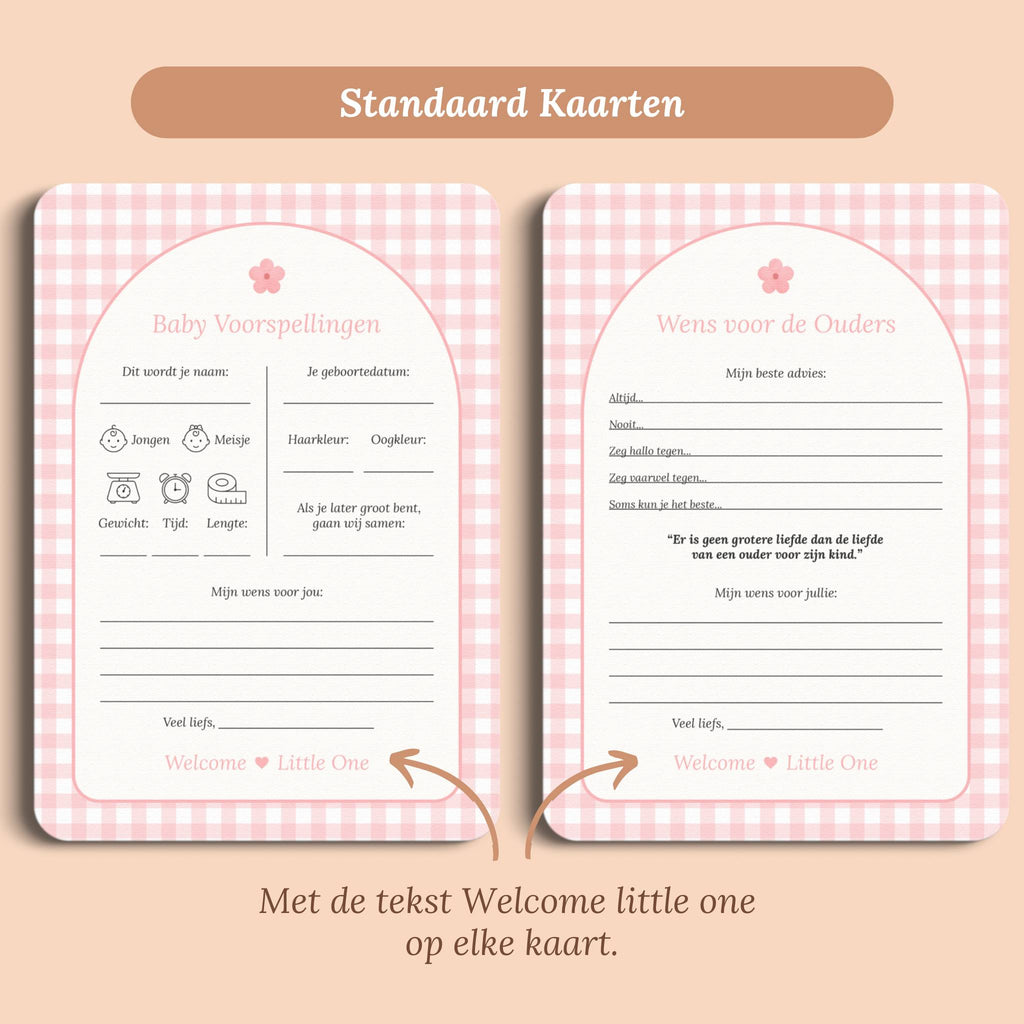 Babyshower invulkaarten set gingham roze standaard voor en achter Studio Miron