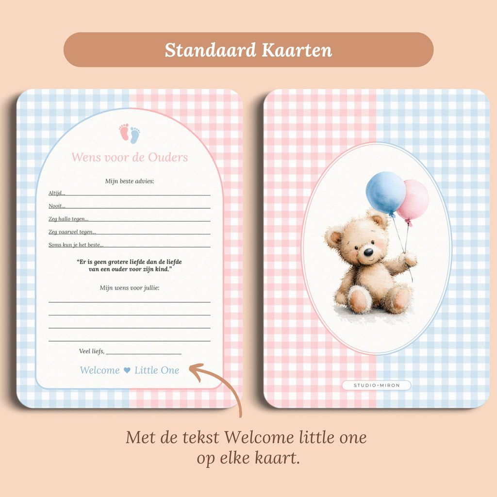 Babyshower invulkaarten wens voor de ouders gingham roze blauw standaard voor en achter Studio Miron