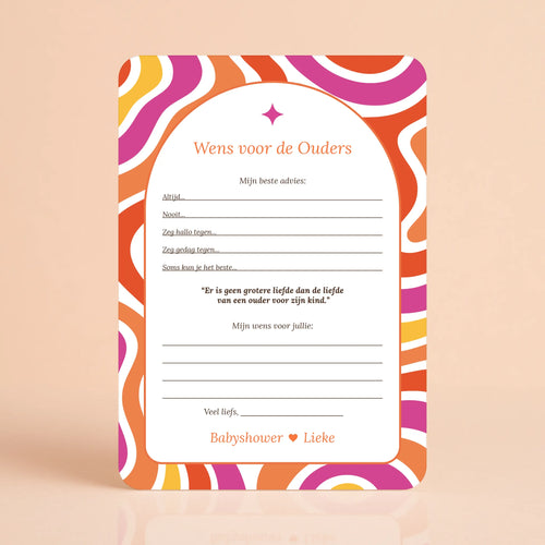 Babyshower invulkaart Wensen voor de Ouders in Flower Power stijl, gepersonaliseerd – Studio Miron