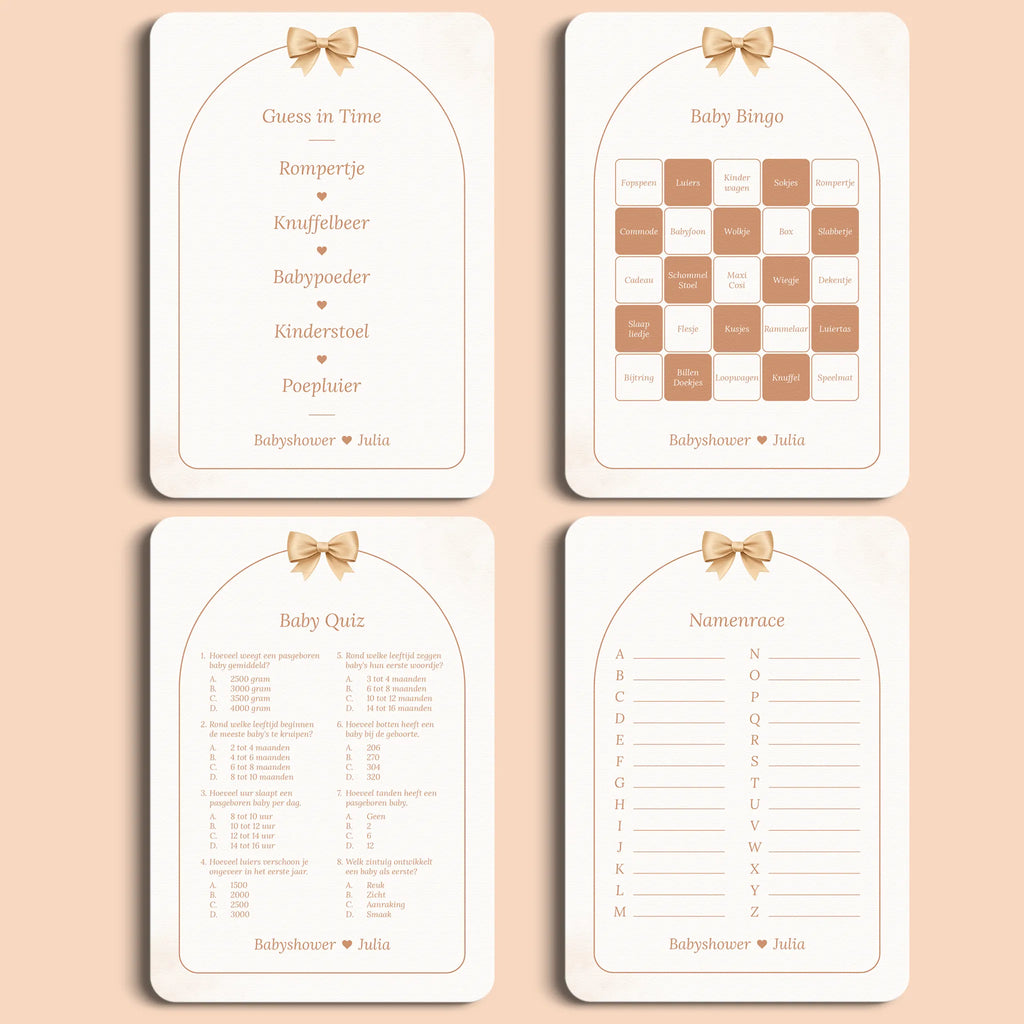 Babyshower Spellenpakket 1 in Boho Strik stijl, inclusief vier babyshower spellen – Studio Miron