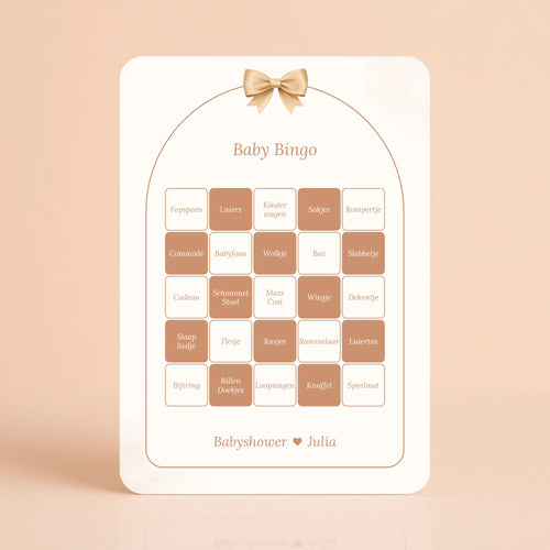 Babyshower spelkaart Baby Bingo in Boho Beige met Beertje stijl, gepersonaliseerd met naam – Studio Miron