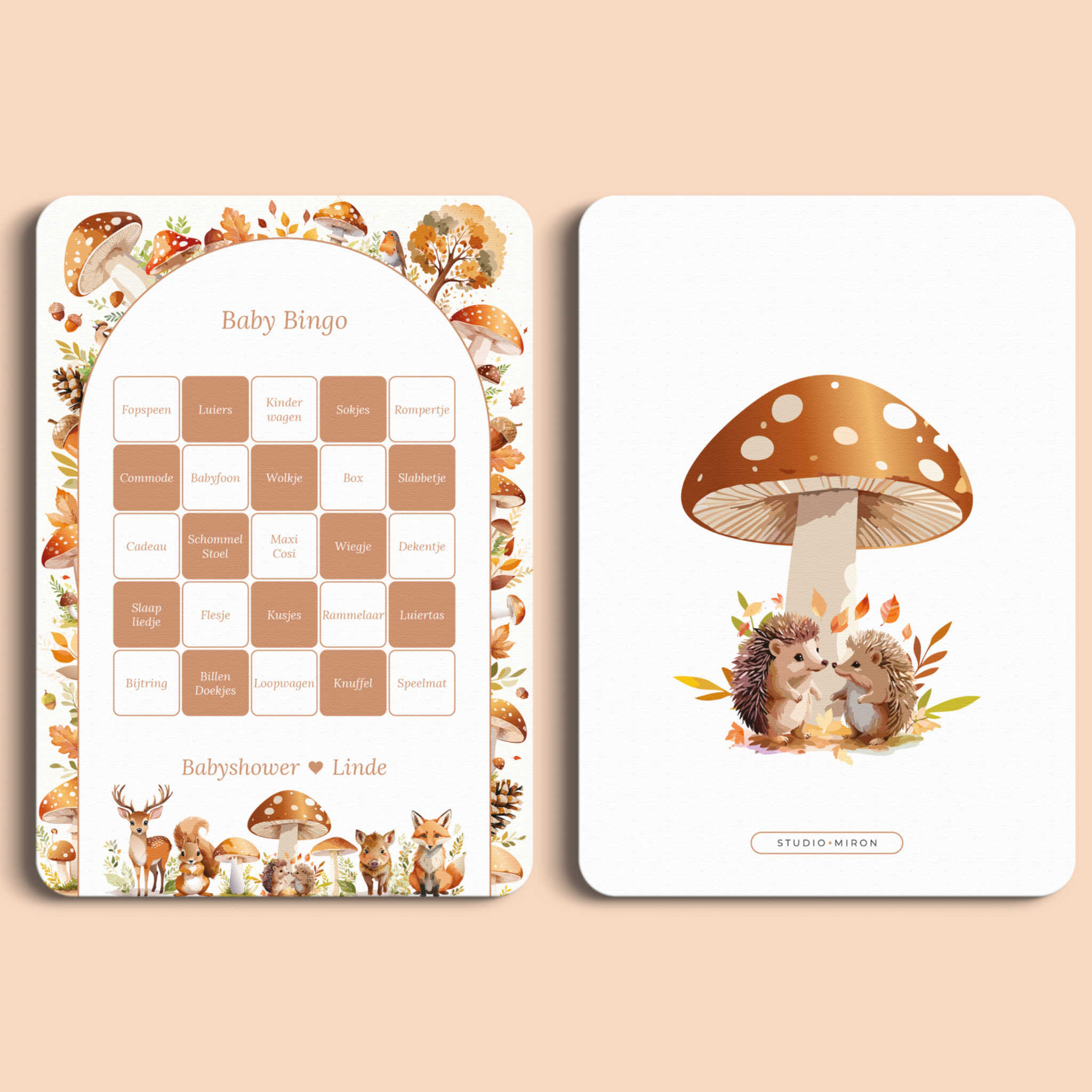 Babyshower spelkaart Baby Bingo in Bosdieren stijl, voor- en achterkant – Studio Miron