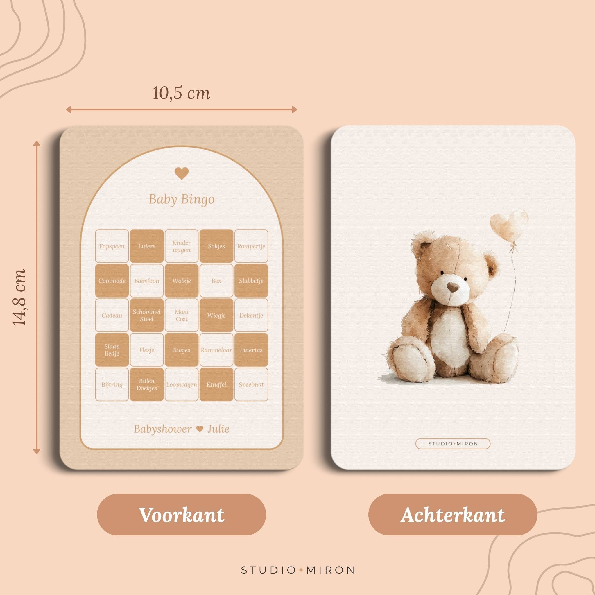 Babyshower spel Baby Bingo in Boho Beige Zand stijl, formaat voorkant en achterkant – Studio Miron