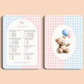 Babyshower spelletjes baby quiz gingham roze blauw voor en achter Studio Miron