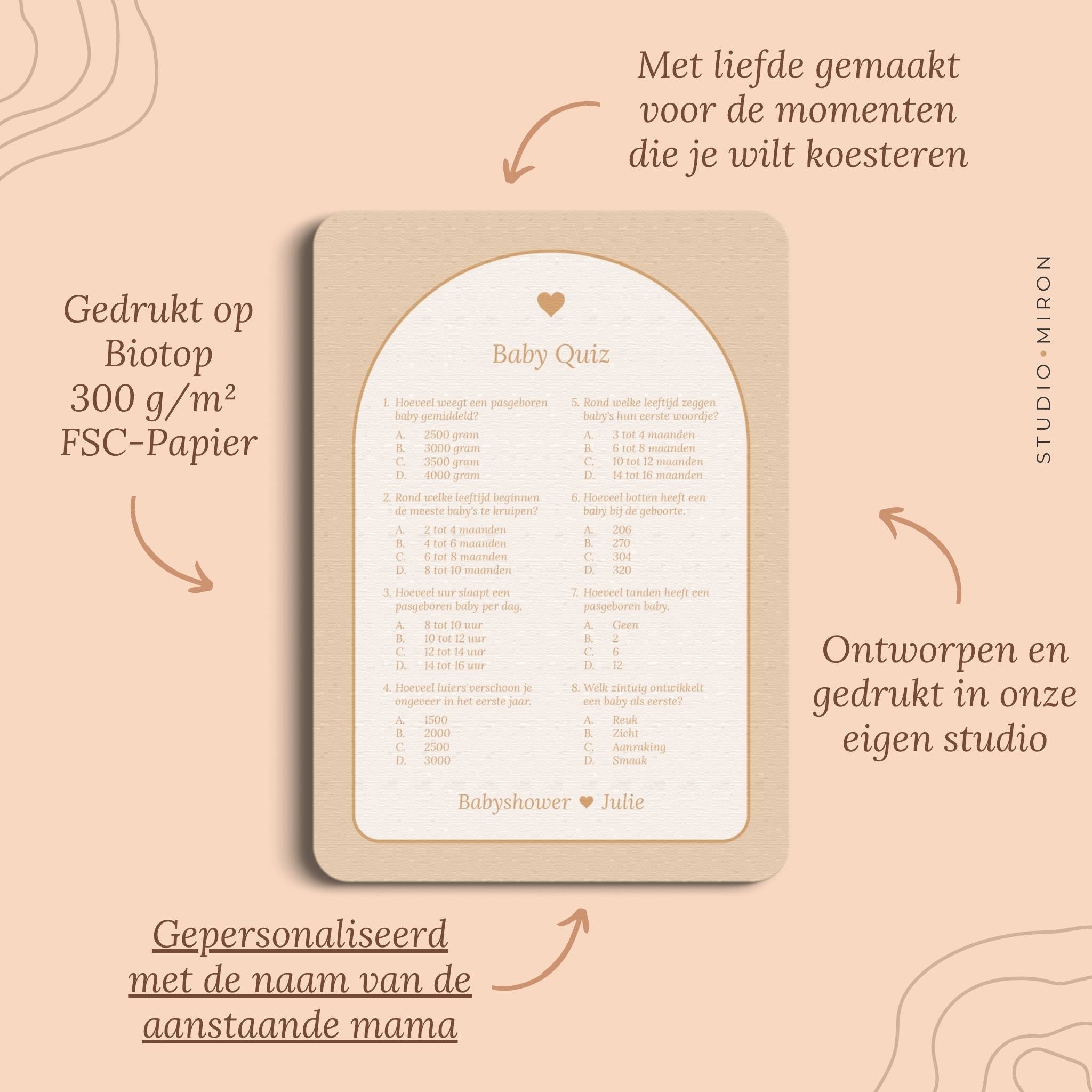 Babyshower spel Baby Quiz in Boho Zand Beer stijl, pluspunten – Studio Miron