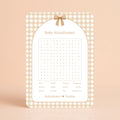 Babyshower spelkaart Baby Woordzoeker in Gingham Bruin stijl, gepersonaliseerd met naam – Studio Miron