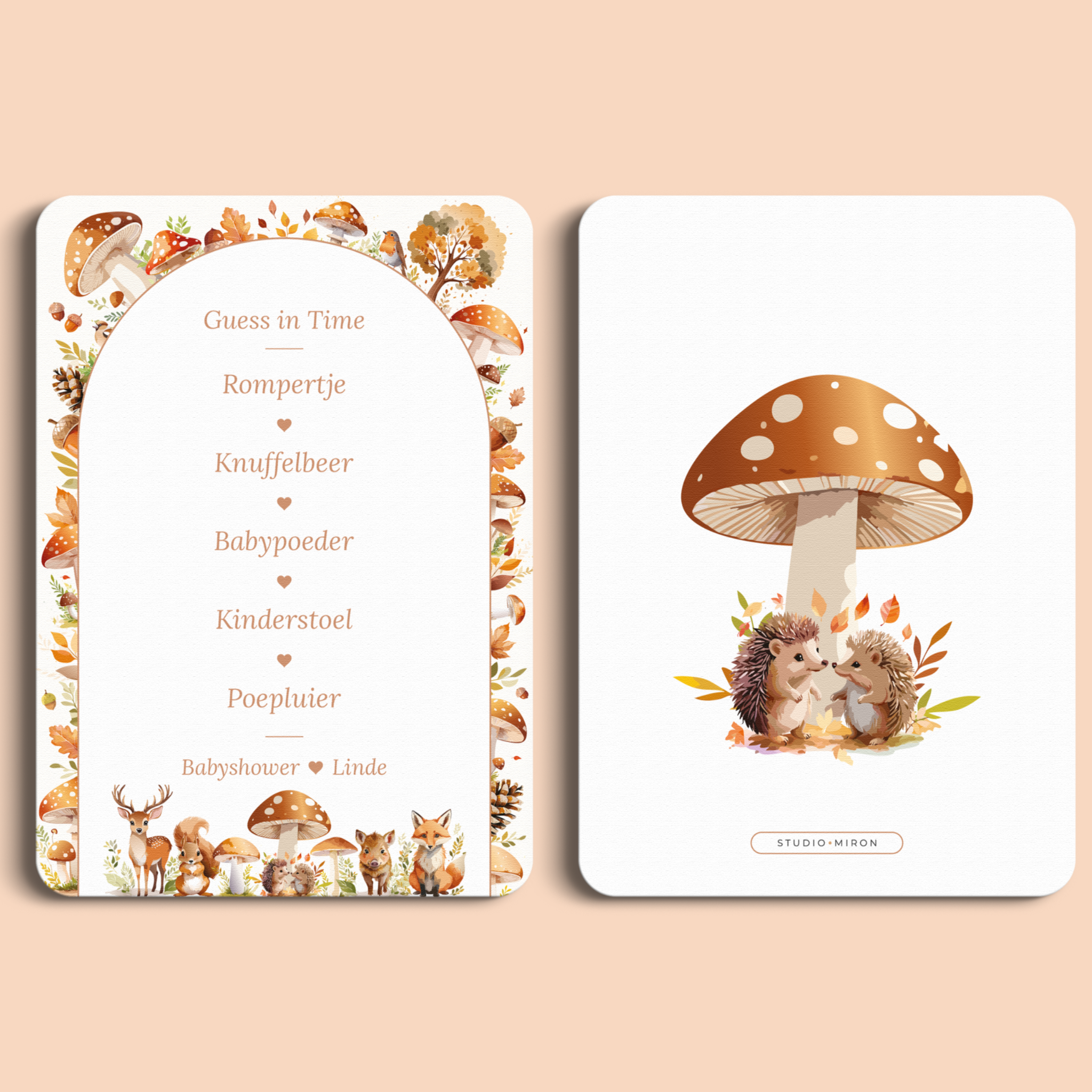 Babyshower spelkaart Guess in Time in Bosdieren stijl, voor- en achterkant – Studio Miron
