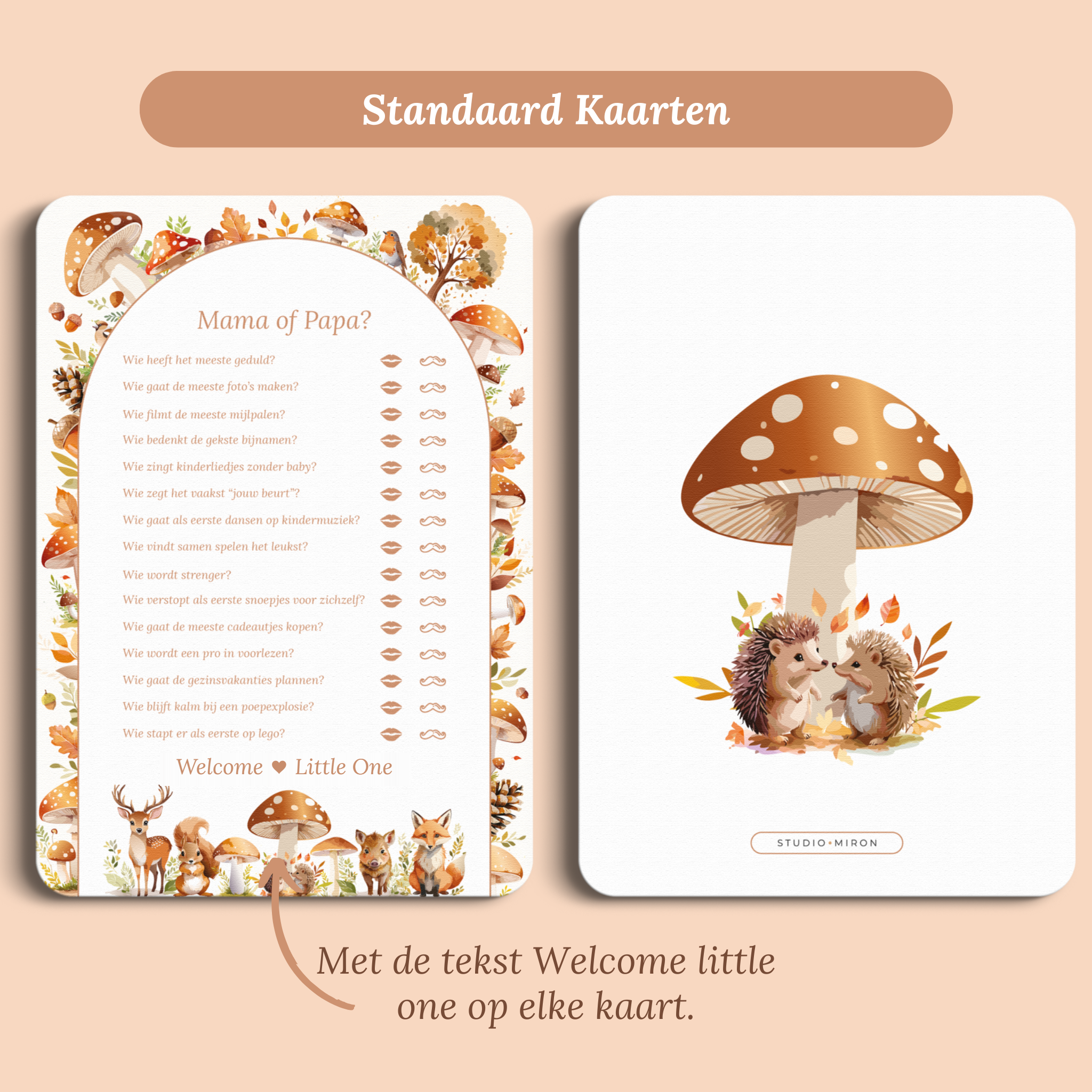 Babyshower spelkaart Mama of Papa in Bosdieren stijl, standaardversie met Welcome Little One – Studio Miron