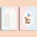 Babyshower spelletjes mama of papa gingham roze blauw voor en achter Studio Miron
