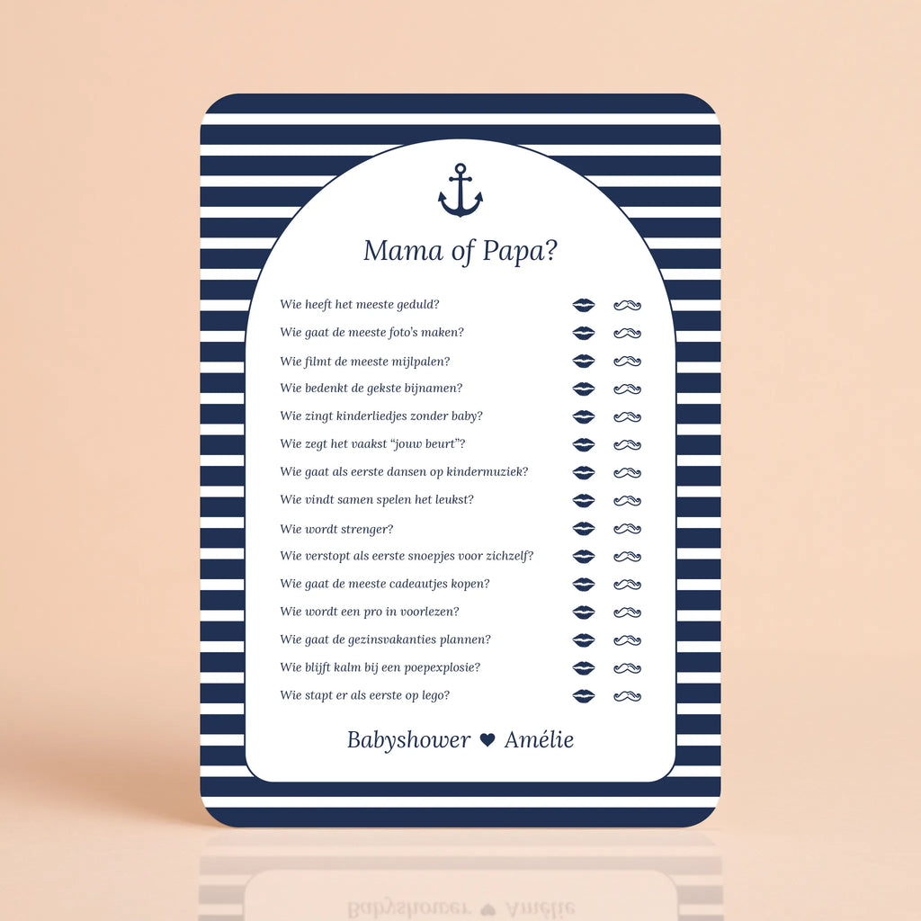 Babyshower spelkaart Mama of Papa in Navy Blue stijl, gepersonaliseerd met naam – Studio Miron