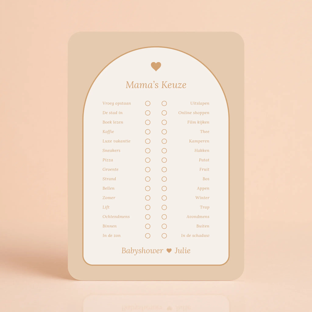 Babyshower spelkaart Mama’s Keuze in Boho Hartje stijl, gepersonaliseerd met naam – Studio Miron