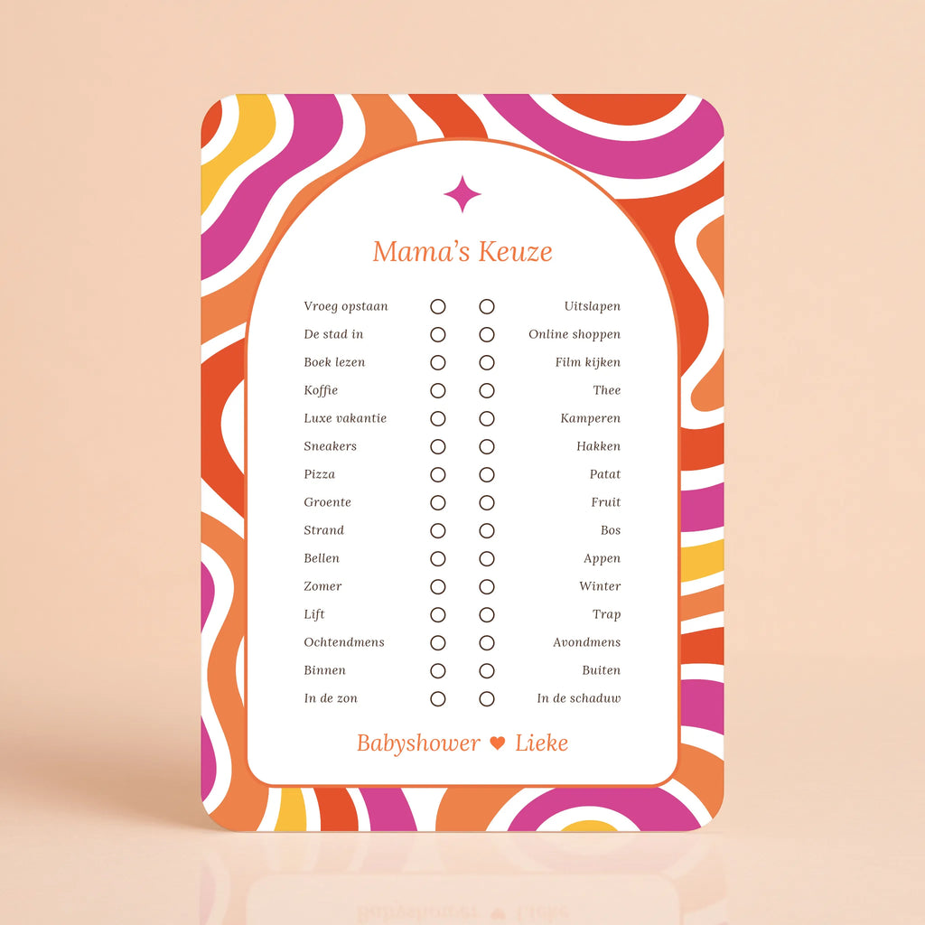 Babyshower spelkaart Mama’s Keuze in Flower Power stijl, gepersonaliseerd met naam – Studio Miron
