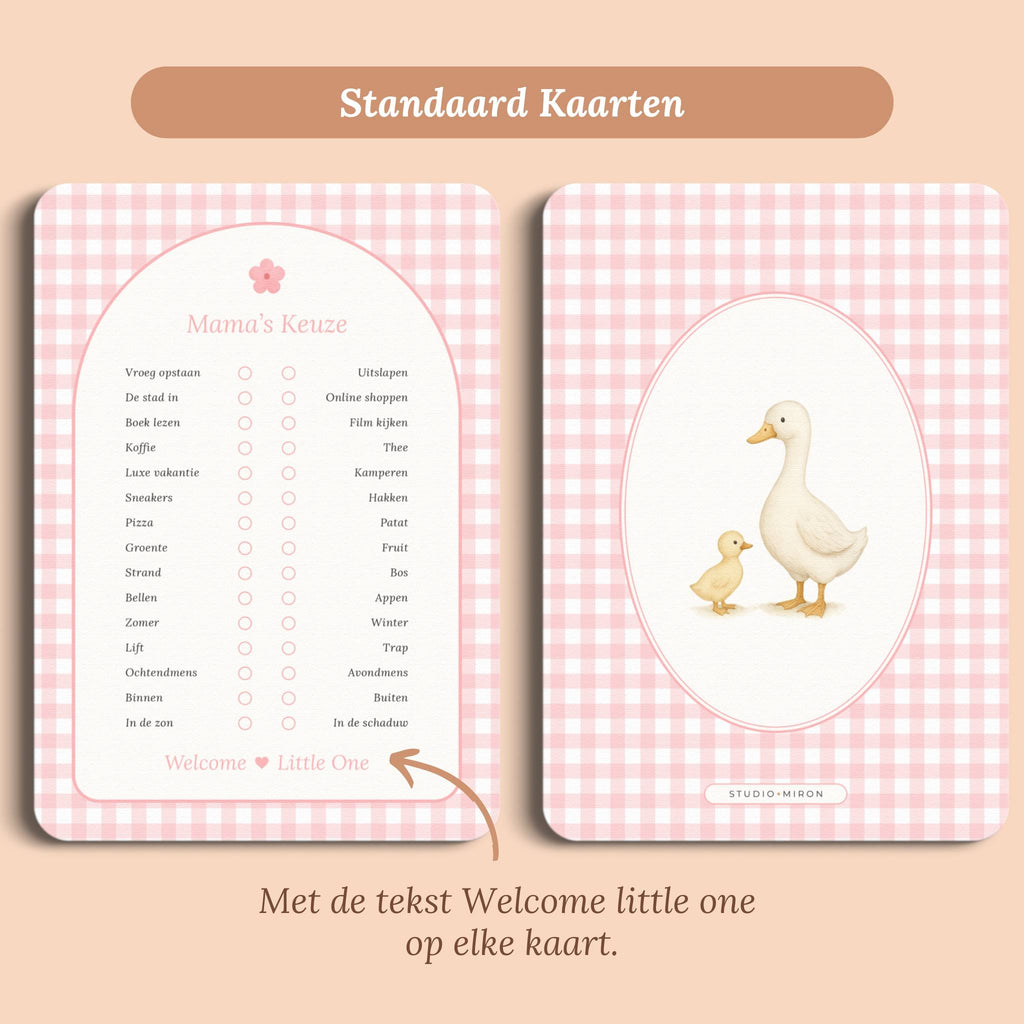 Babyshower spelletjes mamas keuze gingham roze standaard voor en achter Studio Miron