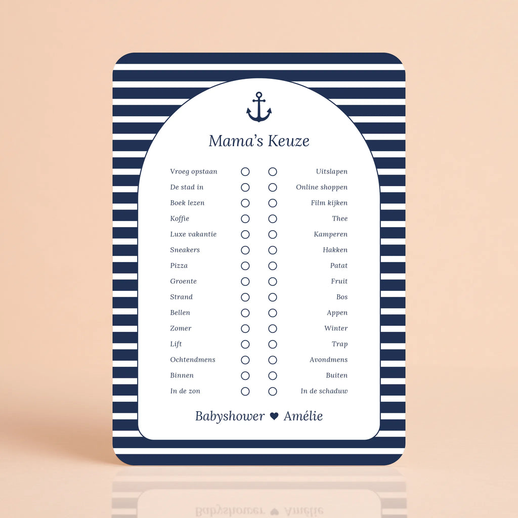 Babyshower spelkaart Mama’s Keuze in Navy Blue stijl, gepersonaliseerd met naam – Studio Miron
