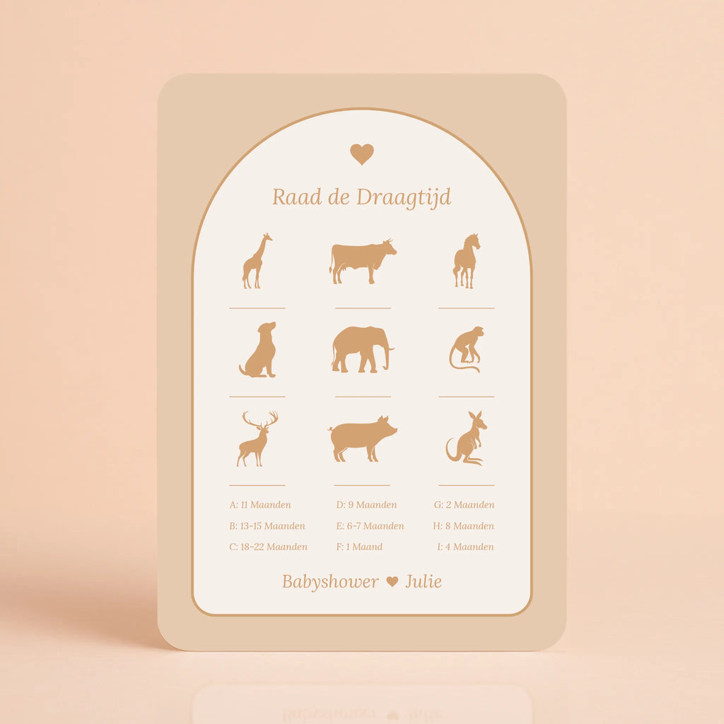 Babyshower spelkaart Raad de Draagtijd in Boho Hartje stijl, gepersonaliseerd met naam – Studio Miron