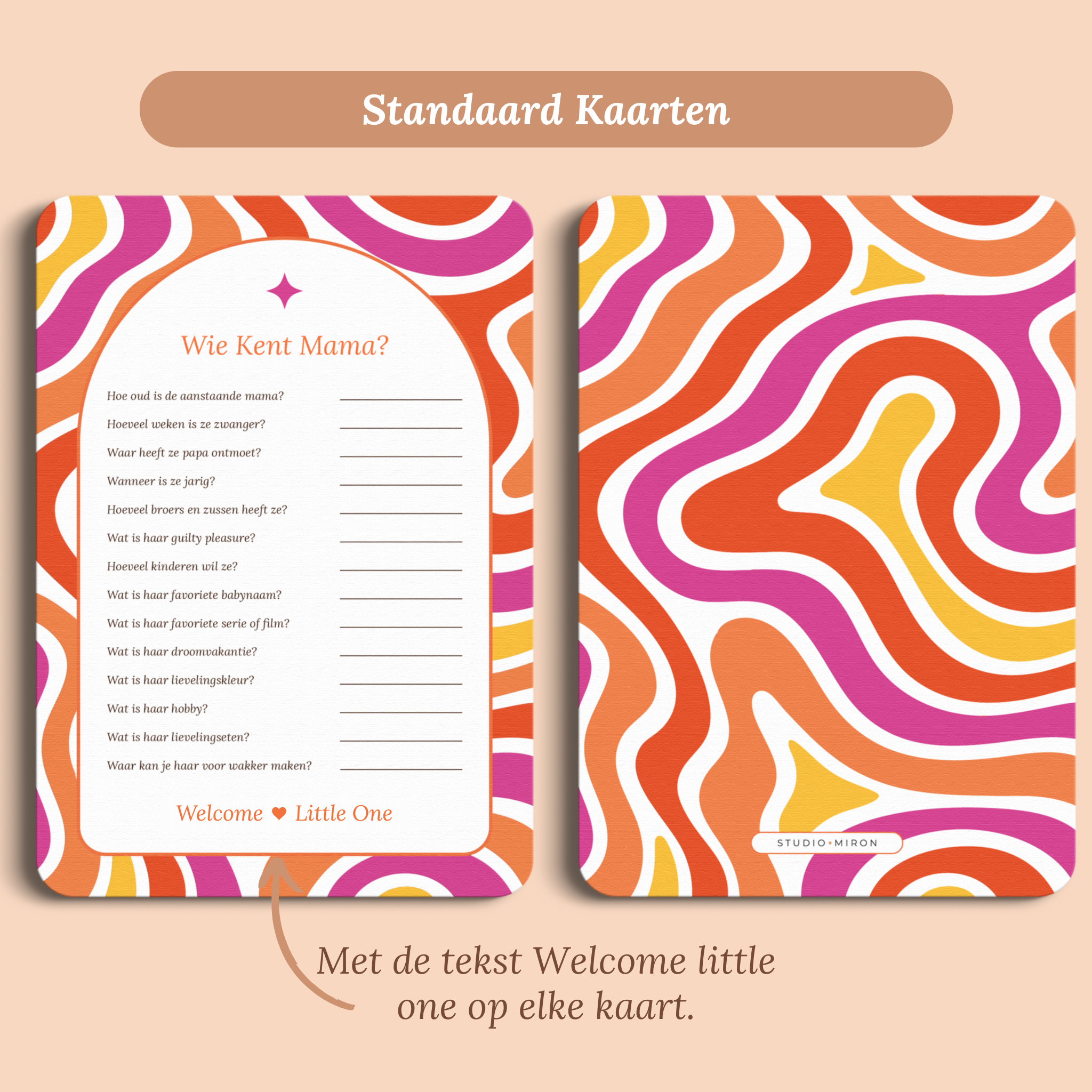 Babyshower spelkaart Wie kent Mama in Flower Power stijl, standaardversie met Welcome Little One – Studio Miron