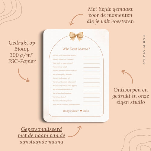 Babyshower spel Wie kent Mama in Boho Beige Beertje stijl, pluspunten – Studio Miron