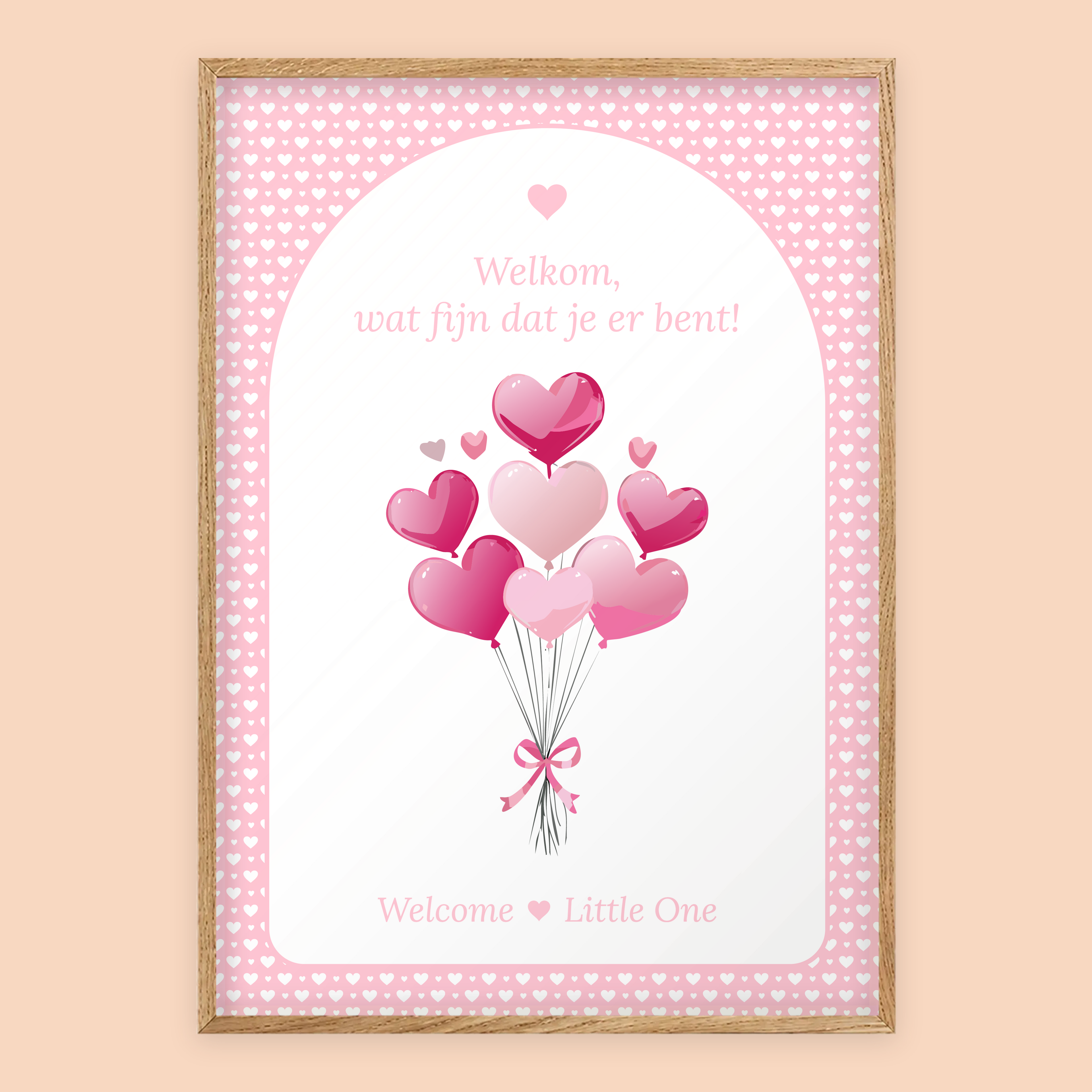 Babyshower welkomstposter in Roze Hartjes in eiken lijst, standaardversie met Welcome Little One – Studio Miron