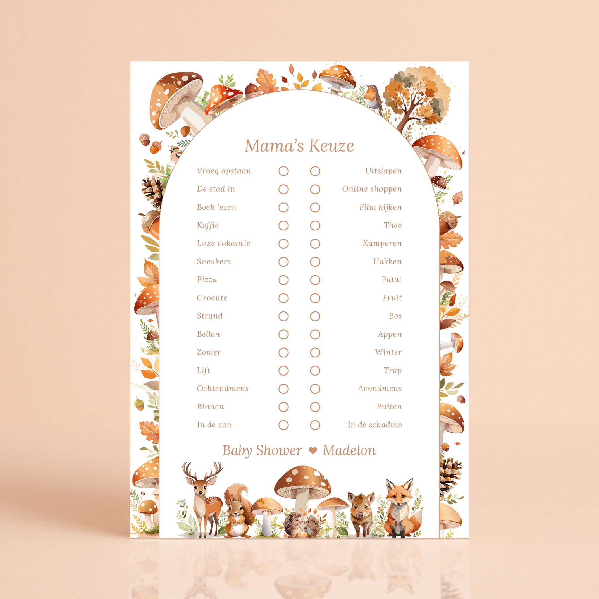 Mama's Keuze kaart in Bosdieren stijl met hert, vos en paddenstoelen, gepersonaliseerd met naam – Studio Miron