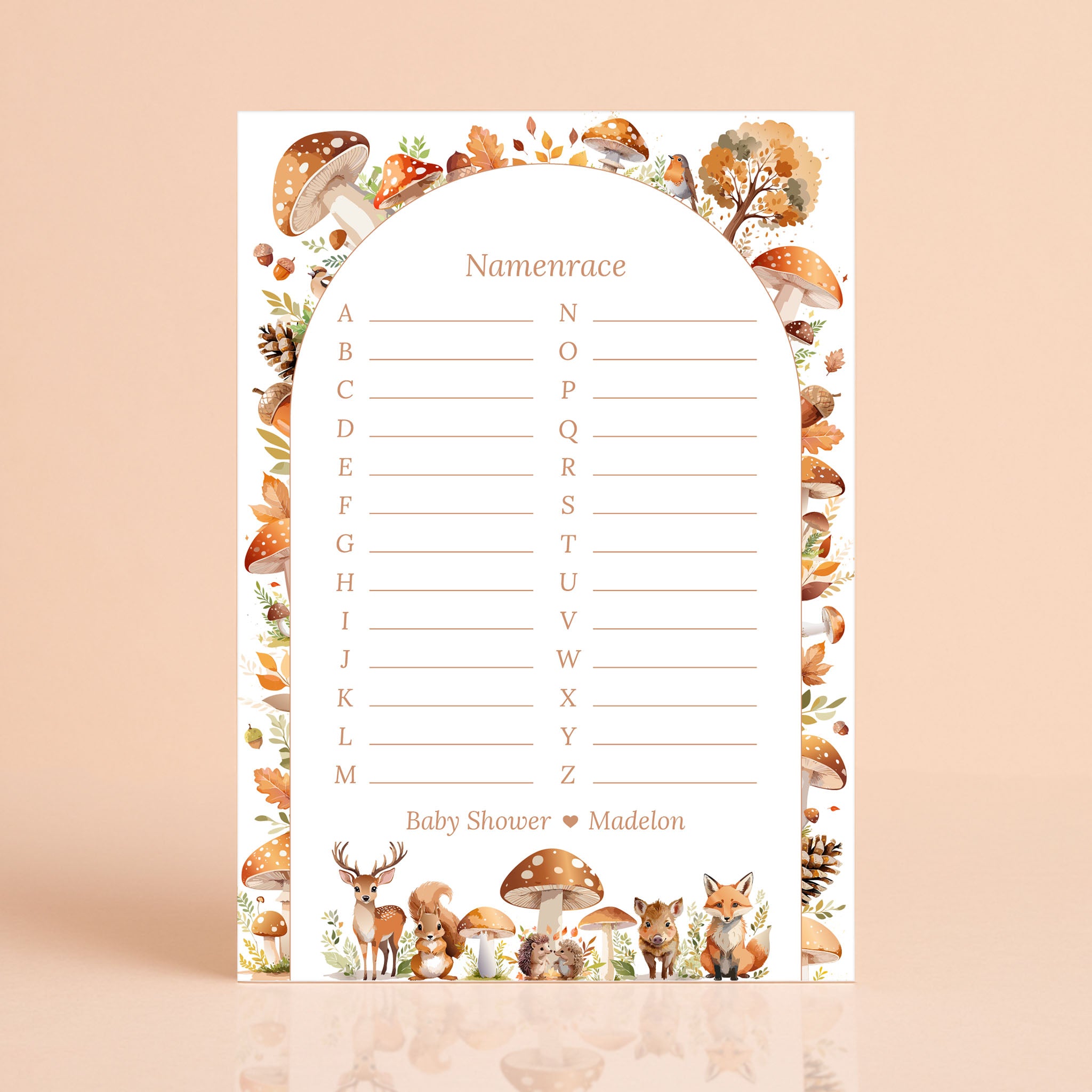 Namenrace kaart in Bosdieren stijl met hert, vos en paddenstoelen, gepersonaliseerd met naam – Studio Miron