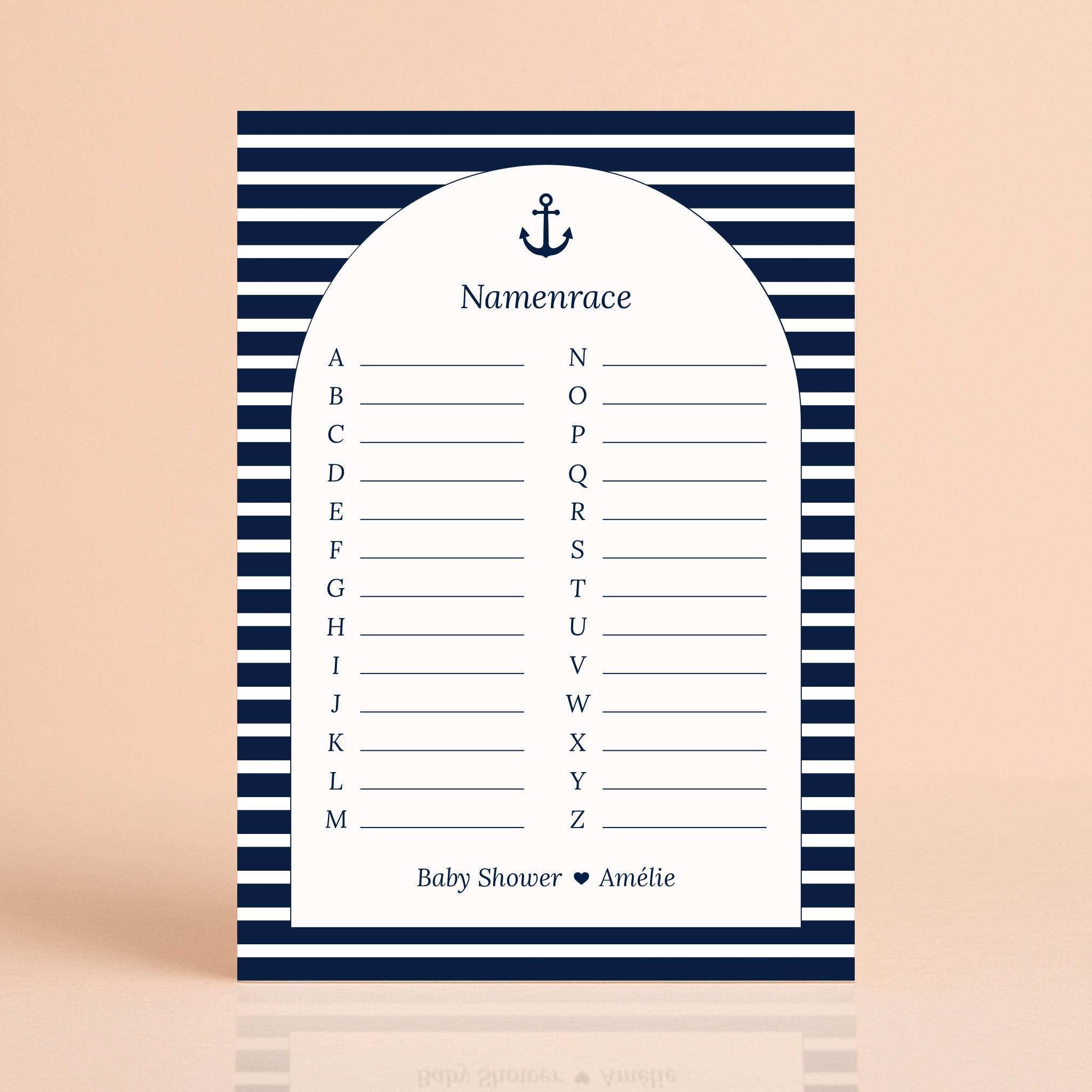 Namenrace kaart in Navy Blue met streepjes, gepersonaliseerd met naam, Studio Miron