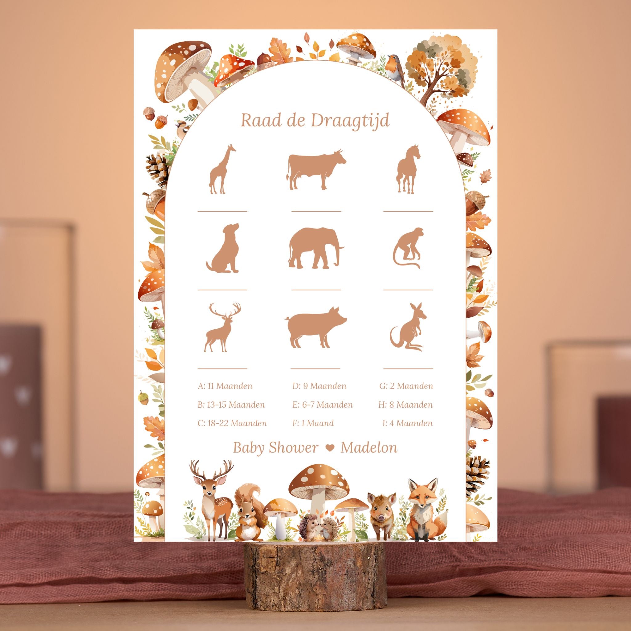 Raad de Draagtijd kaart in Bosdieren stijl in babyshower setting met natuurlijke decoratie – Studio Miron
