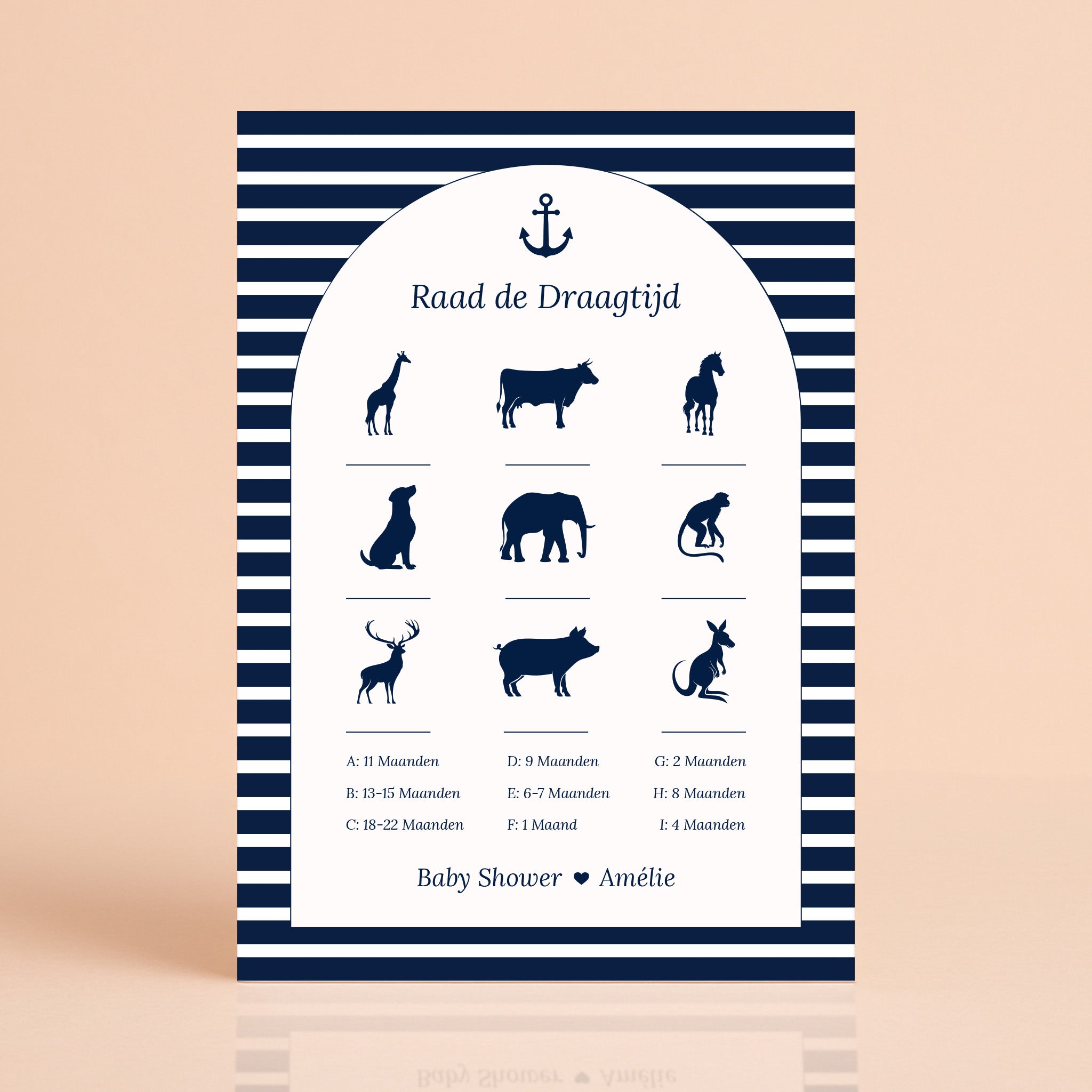 Raad de Draagtijd kaart in Navy Blue met streepjes, gepersonaliseerd met naam, Studio Miron