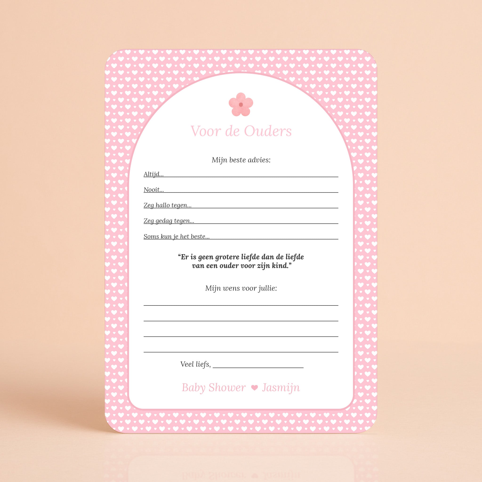 Voor de Ouders kaart met witte hartjes op roze achtergrond en bloemaccent, gepersonaliseerd met naam – Studio Miron
