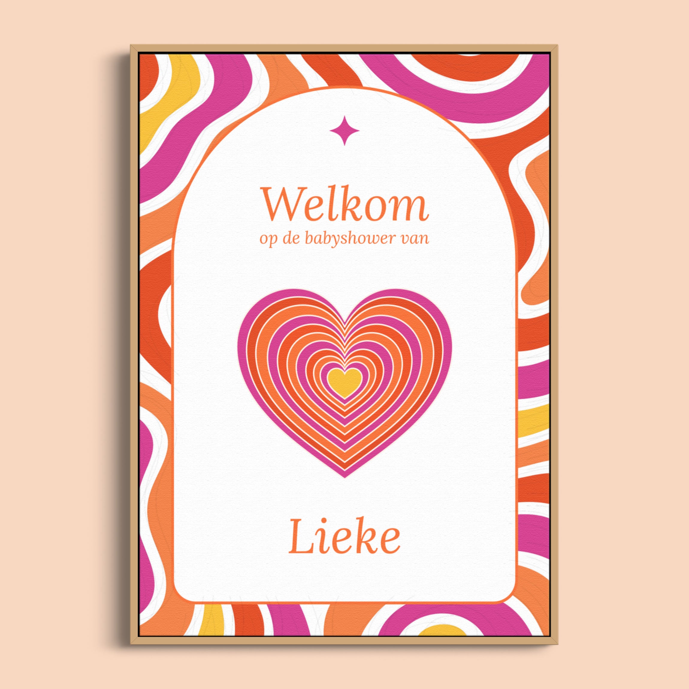 Welkomstposter in Flower Power stijl met retro vormen en vrolijke kleuren, gepersonaliseerd met naam – Studio Miron